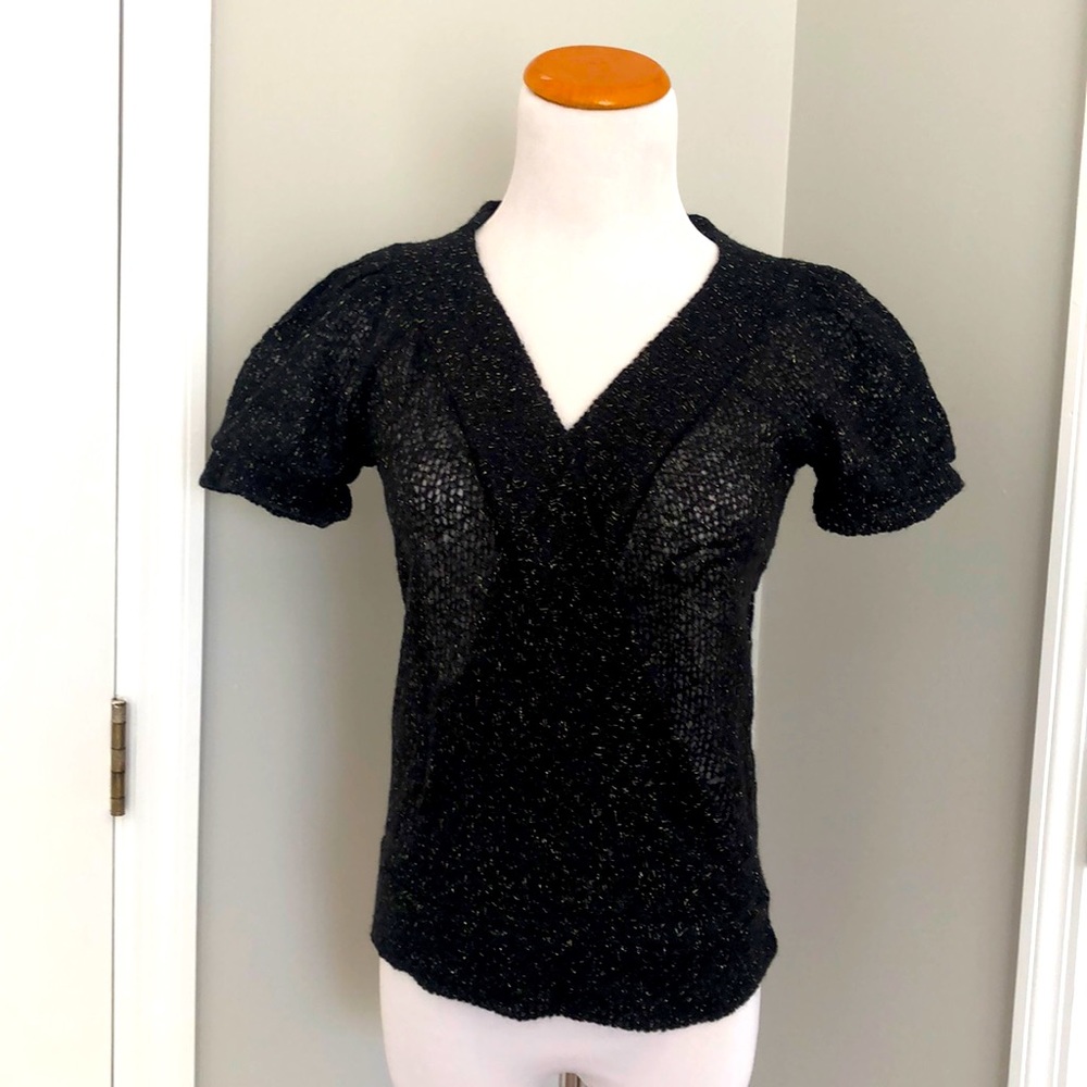 DVF black & gold puff sleeve crossover v-neck sweater Med
